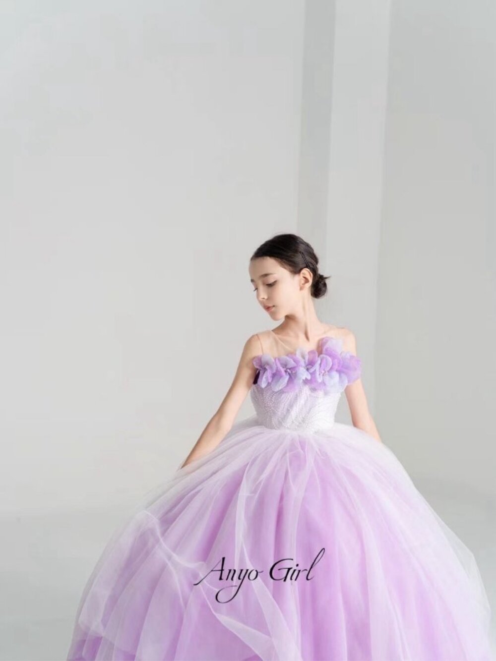 Handmade Purple Petal Princess Gown – Lavender Tulle Dress, 3D Flowers, Size 130